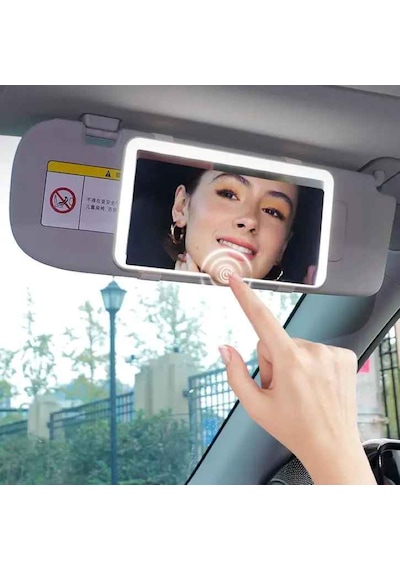 Techtic Araç İçi Led Işıklı Makyaj Aynası Dokunmatik Şarjlı 3 Modlu Hd Güneşlik Aynası 23,5-12,7 Cm Beyaz