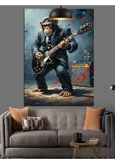 Elektrogitar Çalan Maymun Figürü Dekoratif Kanvas - Mdf Ahşap Tablo