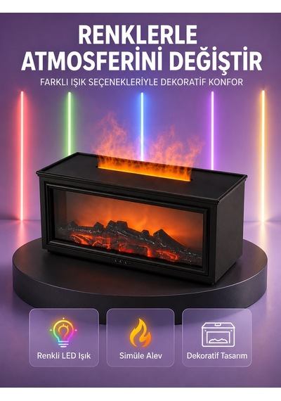 Mey İthalat Şömine Görünümlü Hava Nemlendirici Renkli Led Işıklı Aroma Difüzörü