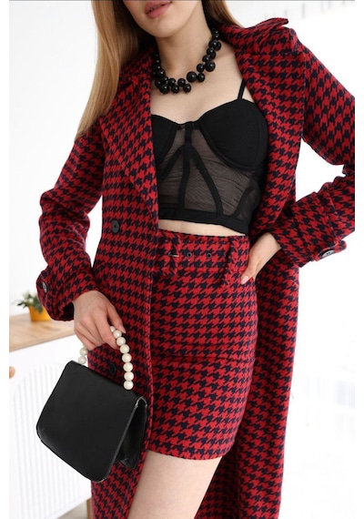 Neşeli Butik Kadın İthal Kaşe Kumaş Etek Ve Kaban İkili Takım Nbemp2576 bordo