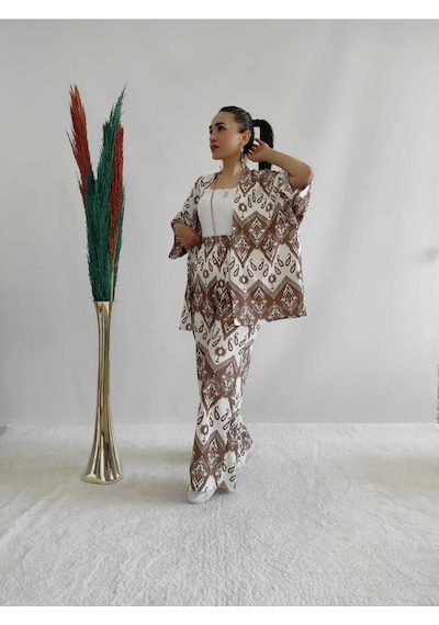 İpli Kahverengi Desenli Ikili Kimono Takım Rahat Kalıp Kahverengi