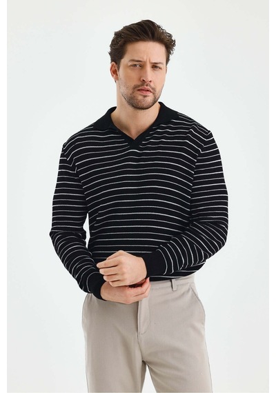 Cool Tarz Erkek Patlı Slim Fit Çizgi Detaylı Uzun Kollu Polo Yaka Triko Kazak Siyah Siyah