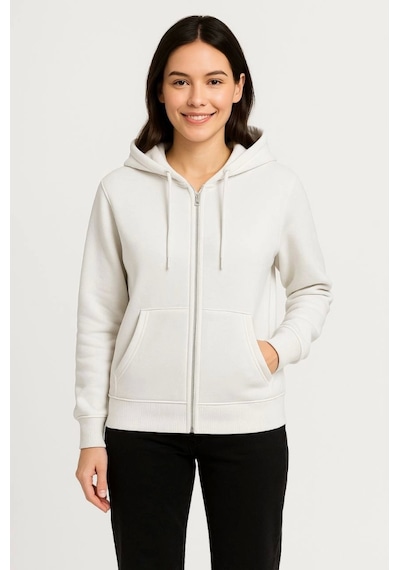 Etiler Collection Üç İplik Kapüşonlu Tam Fermuarlı Kanguru Çepli Sweatshirt Hoodie - Beyaz