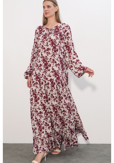 Bigdart Kadın Desenli Uzun Elbise 2596 - Bordo
