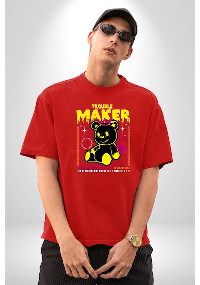 Baş Belası Teddy Pamuklu Bisiklet Yaka Unisex Oversize Boyfriend Dijital Baskılı Kırmızı T-shirt Kırmızı
