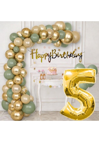 5 Yaş Pompa Hediyeli Doğum Günü Seti Gold Banner Krom Gold Küf Yeşili Kum Beji Balonlar Gold Folyo Rakam Çok Renkli