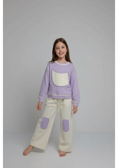 Aden Kids Unisex Çocuk %100 Pamuk Alt Üst Takım Ekru - Lila