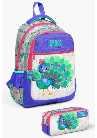 Coral High Kids Gümüş Lavanta Tavus Kuşu Desenli 2'li Okul Çanta Seti - Kız Çocuk