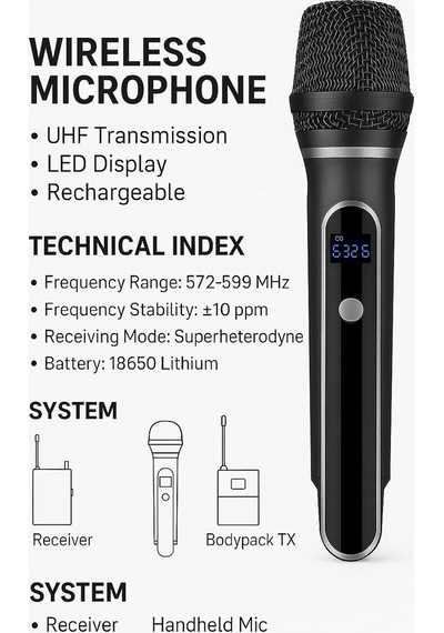 Kablosuz Mikrofon Seti Vhf 220 270 Mhz Wireless El Mikrofonu Ve Kafa Mikrofonlu Verici, 6.3 Mm Çıkışlı, 30 50 Metre Çekim Wn-07
