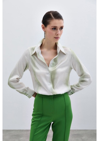 Sateen Desenli Klasik Gömlek - Çağla Yeşili-136007 Çağla Yeşili
