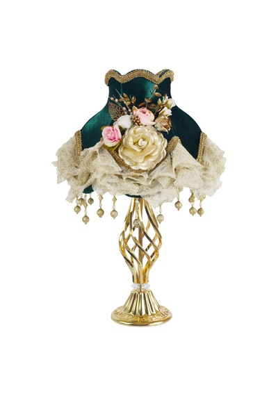 Hürrem Yeşili Kadife Kaplı Çiçek Süslemeli Başlık Gold Metal Burgu Ayaklı Klasik Abajur 50x30cm Yeşil