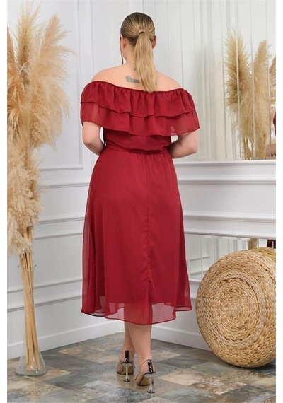 Dip Moda Kadın Şifon Kuşaklı Büyük Beden Elbise Dpnb8061 Bordo