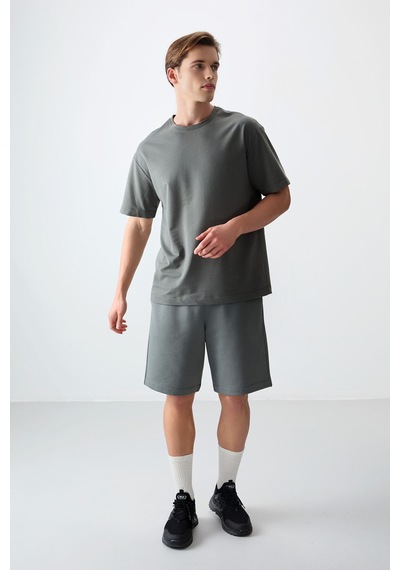 Air Jones Tommy Life Haki Pamuklu Kalın Yumuşak Dokulu Oversize Fit Basic Erkek T-shirt - 88377 Haki