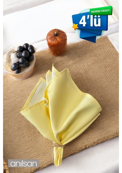 4 Lü %100 Pamuk Kumaş Peçete Açık Sarı 50x50 Cm Mutfak Bezi Sofra Sunum Servis Peçetesi