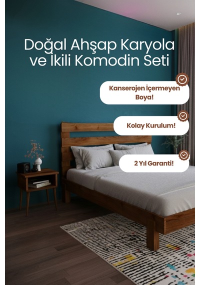 Renazzo Urban Masif Ahşap Karyola Ve 2 Adet Komodin Ceviz 180x200 Ceviz - 180 X 200