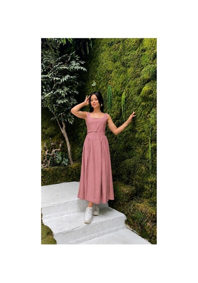 Moda Banuş Çilek Kumaş Kemer Detaylı Midi Boy Gül Kurusu Elbise Pembe