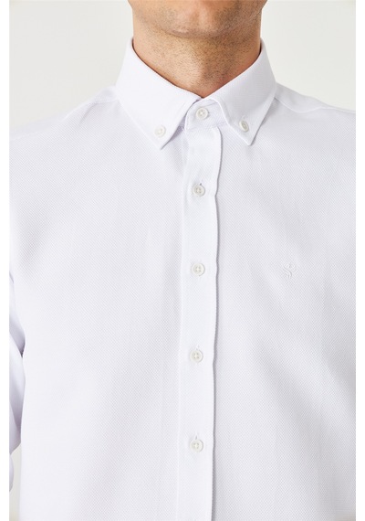 Beyaz Düğmeli Yaka Uzun Kollu Gömlek Slim Fit Beyaz
