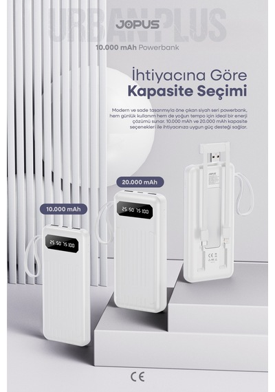 10000mah Powerbank Dahili Kablolu, Lcd Ekranlı, Led Lambalı, Taşınabilir Şarj Cihazı Beyaz