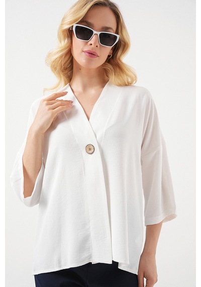 Bigdart Kadın Kısa Kol Oversize Kimono 5969 - Beyaz