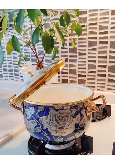 Lüx Vintage 18 Cm 2 Litre Küçük Boy Lacivert Gül Emaye Süt Yoğurt Yemek Tencere Gold - Lacivert