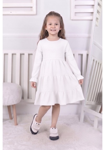 New Kids Kız Çocuk Uzun Kol Elbise Kol Fırfır Manşetli Etek Fırfır Detaylı Yeni Sezon -91238 Beyaz