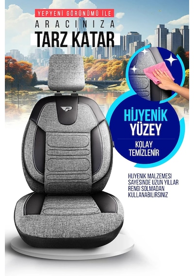 Gri - Siyah Panda Atlanta Serisi Keten Kumaş Oto Koltuk Kılıfı - Tam Set