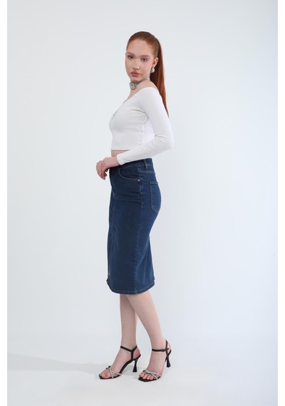 Banny Jeans Önden Yırtmaçlı Likralı Midi Jean Etek Koyu Mavi Xs
