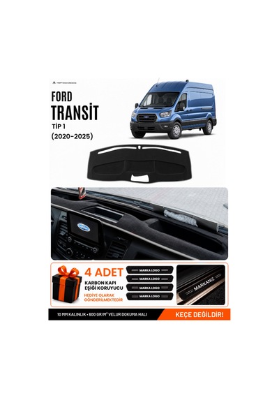 Ford Transit Tip 1 2020-2025 Uyumlu Torpido Örtüsü, Torpido Kılıfı - Siyah Gri