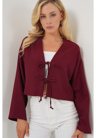 Hiccup Bdart Keten Karışımlı Bağlama Detaylı Uzun Kollu Kimono Bordo - Kırmızı