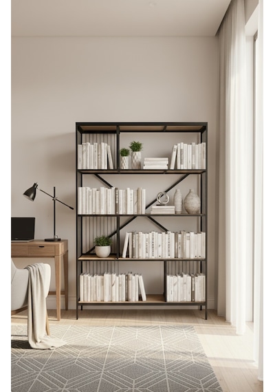 Dekoratif Lüx 5 Raflı Kitaplık Geniş Metal Kitaplık Dosya Rafı Ofis Salon Raf Ceviz Siyah Metal Tel Dekoratif Lüx 5 Raflı Kitaplık Geniş Metal Kitaplık Dosya Rafı Ofis Salon Raf Ceviz Siyah Metal Tel