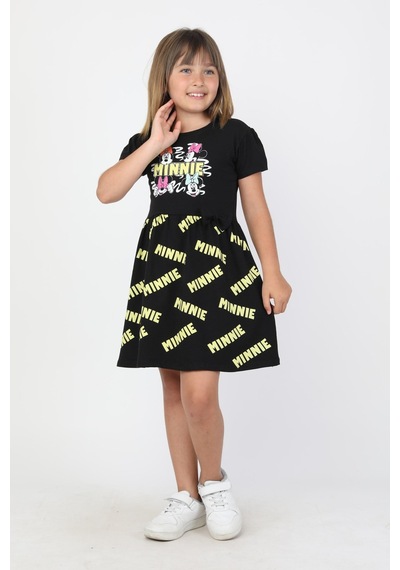 New Kids Baskılı Kız Çocuk Elbise-91196 Siyah