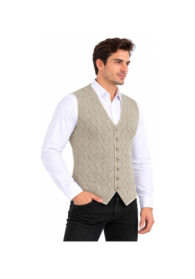 Çizgi Triko Erkek Düğmeli V Yaka Regular Kalıp Triko Yelek Bgl-st05779 Taş