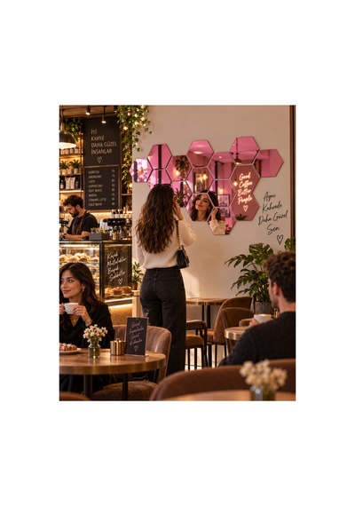 Kendinden Yapışkanlı Altıgen Dekoratif Duvar Aynası 1 Mm Kalınlık Petek Model Modern Salon, Antre Ve Yatak Odası Aynası Pembe
