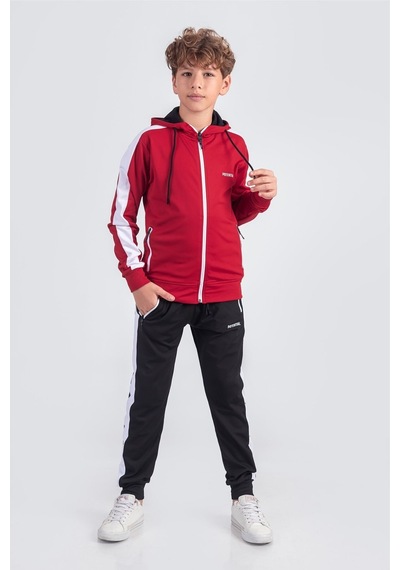 Pina Kids Erkek Çocuk Scuba Potential Kalın Şeritli Kapüşonlu Dalgıç Kumaş Eşofman Takımı Esf7026 KIrmızı