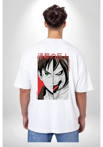 Anime Titan Saldırısı Beyaz Oversize Unisex Ön Ve Sırt Baskılı Tişört Beyaz