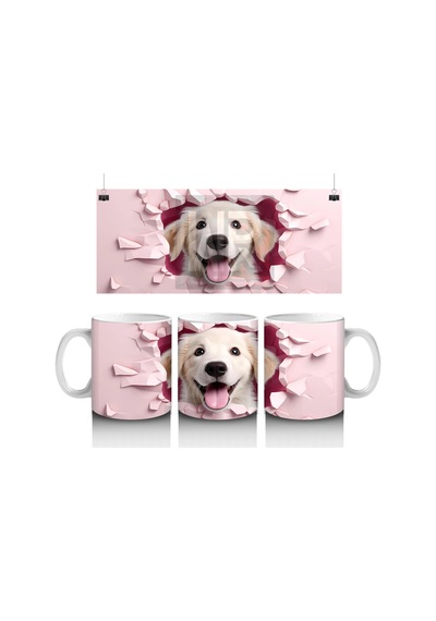 Pembe Kalp Duvarı Delen Sarı Köpek Baskılı Kahve Kupası Renkli