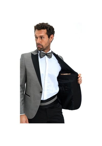 Morven Erkek Gri Portofino Slimfit Jakarlı Smokin Gri