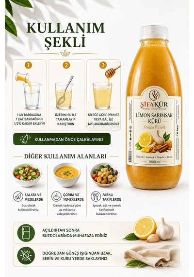 Limon Sarımsak Kürü Zencefilli Zerdeçallı Propolisli Tarçınlı 1000 ml 60 Gün Dinlendirilmiş