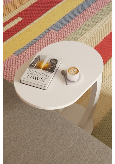 Oval Beyaz C Sehpa Modern,hareketli Tekerlekli Yan Sehpa Salon, Ofis, Yatak Odası Beyaz