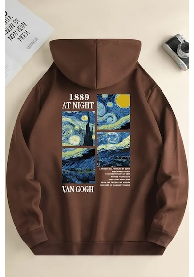 Vangogh Baskılı Oversize Sweatshirt Kahverengi