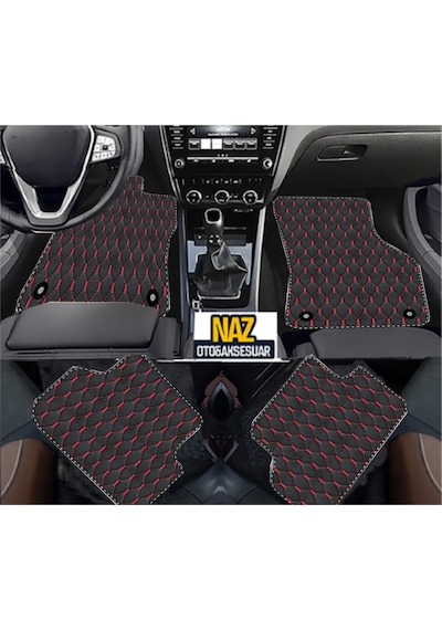 Bmw X1 F48 2015 - 2022 Uyumlu Kırmızı Dikişli Siyah Deri Paspas