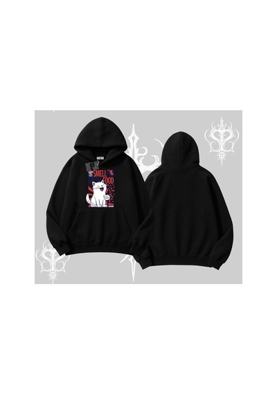Tarzsokak Smell Of Fresh Food Kedi Baskılı Kapşonlu Sweatshirt Siyah
