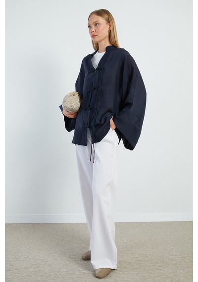 Fullamoda Geniş Kol Oversize Transparan Kimono Lacivert