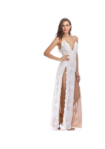 Fashion Cocktail Çift Çok Derin Yırtmaçlı Payetli Abiye Uzun Maxi Elbise Beyaz