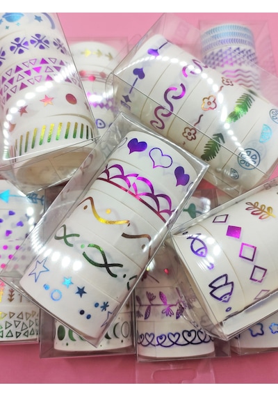 Renkli Yaldızlı Vintage Washi Tape Bant Yapışkanlı Maskeleme Kağıdı 5 Lı - Kiraz 1