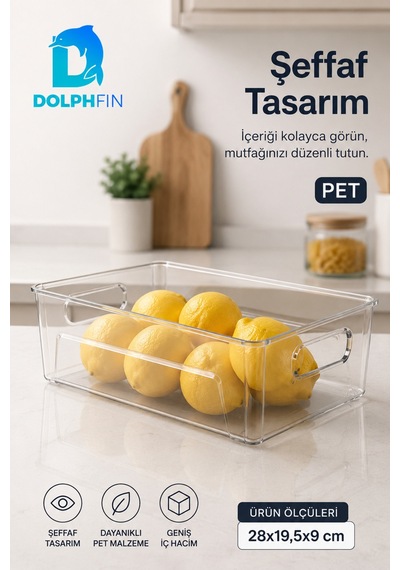 Şeffaf Pet Buzdolabı Organizeri Geniş Kulplu Düzenleyici Kutu 28x19,5x9 Cm