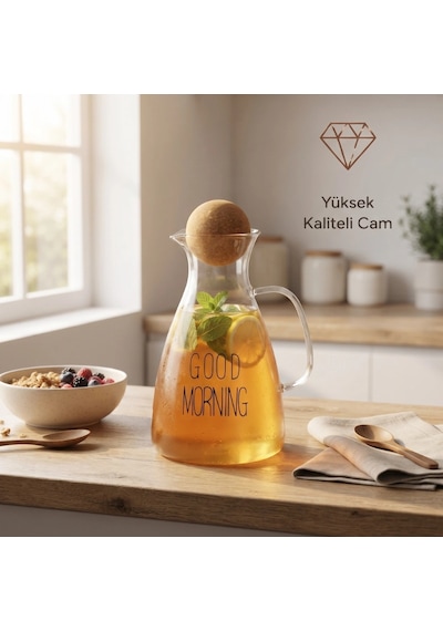 Sürahi Şık Modern Tasarım Sunum Yuvarlak Mantar Kapaklı Sürahi 1500 Ml Yüksek Kaliteli Cam