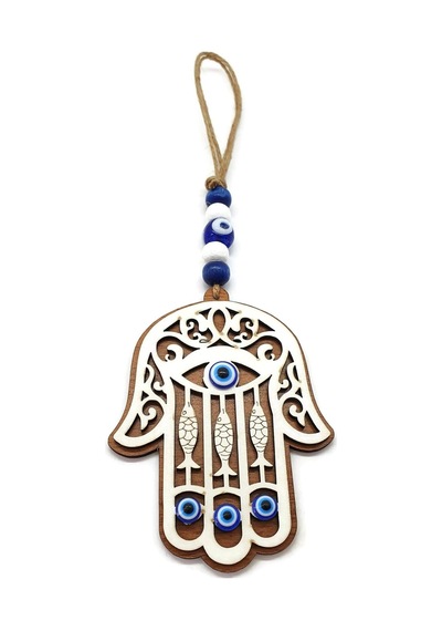 Lazer Kesim Tahta Fatma Eli - Hamsa Duvar Süsü 22x8cm