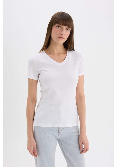 DeFacto 	Slim Fit Dar Kesim V Yaka Ribana Basic Düz Kısa Kollu Beyaz Tişört I1080AZ25SPWT34