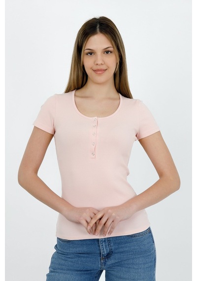 Hdm Kadın Esnek Fitilli Yakası Çıtçıtlı Pembe Kısa Kol Basic Örme Bluz - H5993